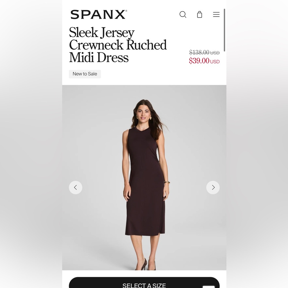 SPANX Sleek Jersey Crewneck Ruched Midi Dress in Chocolate Brown. BNWT!